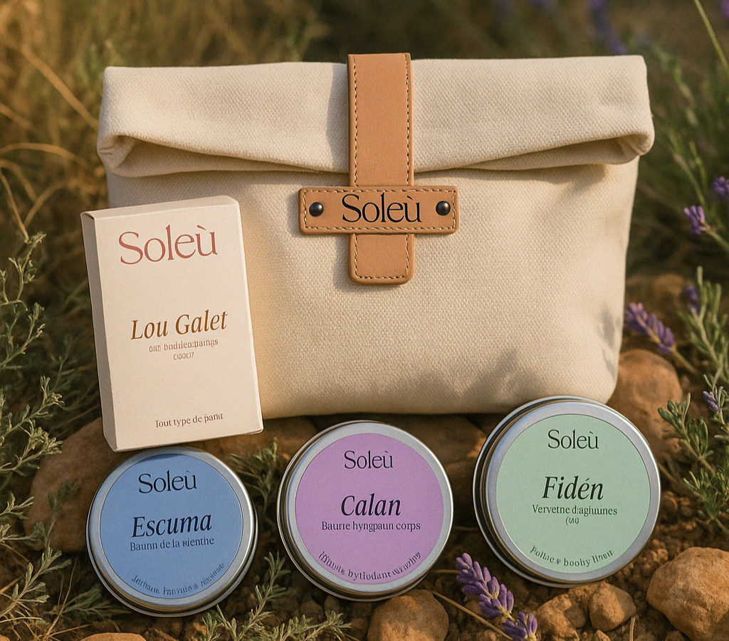 Trousse de voyage beauté avec cosmétiques solides naturels Soleu Care avec une ambiance provencale dans la nature.