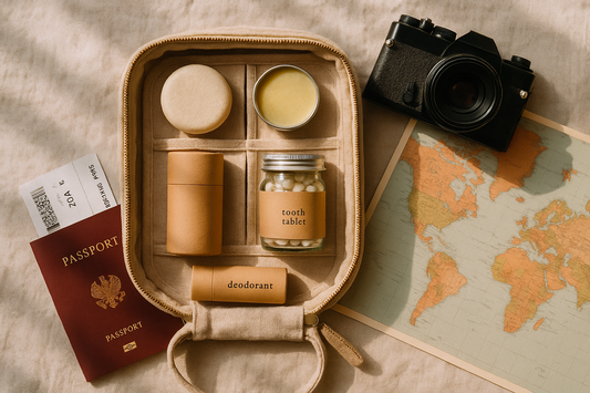 Trousse de voyage de produits cosmétiques solides avec un passeport, un apapreil photo et une carte du monde