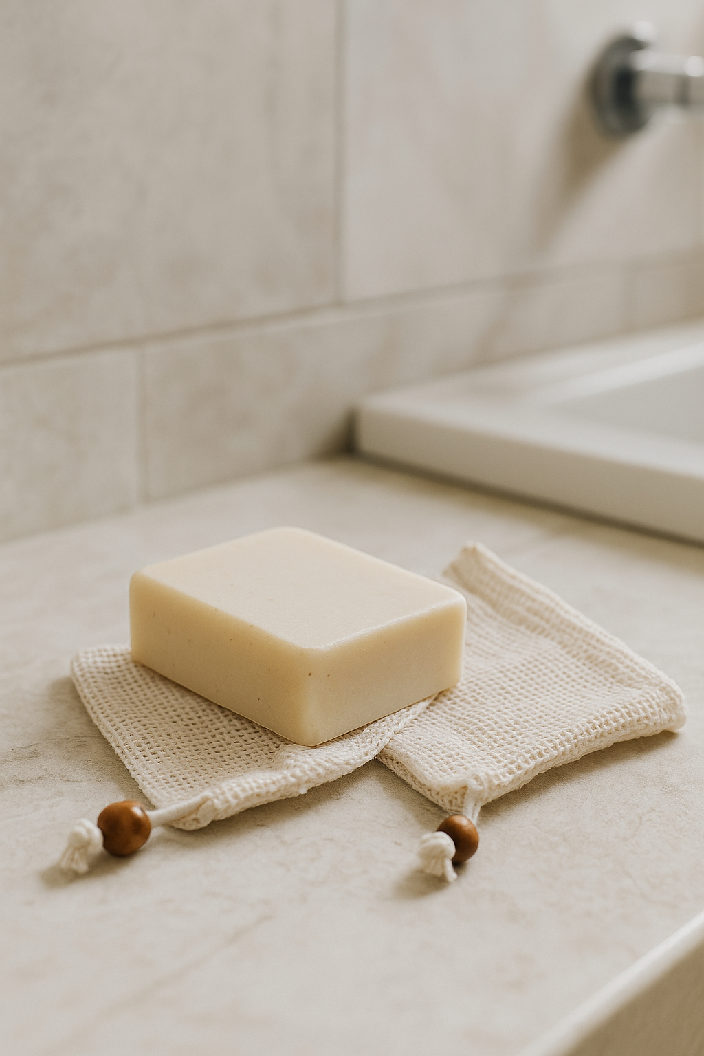 Savon avec filet de savon dans une salle de bain 