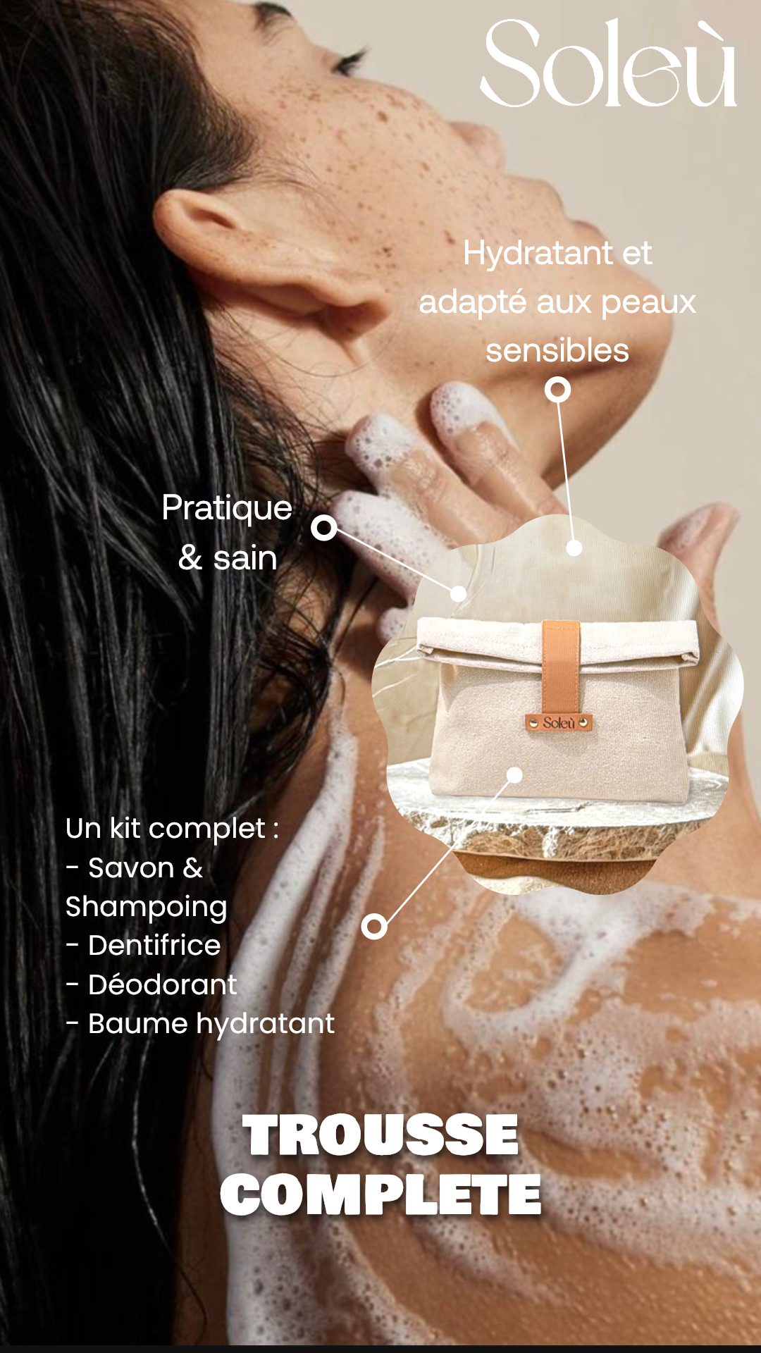 Trousse de voyage avec photo d'une jeune femme qui utilise les produits et description des usages des produits. 