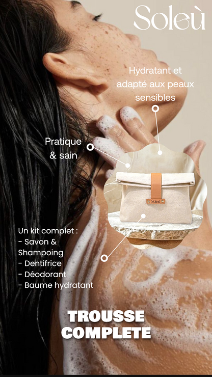 Trousse de voyage avec photo d'une jeune femme qui utilise les produits et description des usages des produits. 